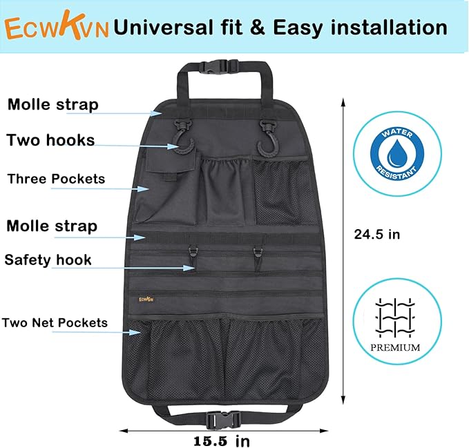 Car Seat Back Organizer, Heavy Duty Back Seat Organizer with Multiple Storage Pockets, Work Truck & SUV Seat Back Storage Bag for Tools, Tablet, Bottles & Essentials – Universal Fit
