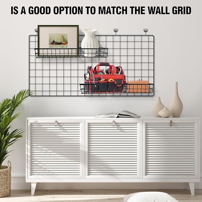 4 Pcs Metal Grid Wall Baskets with Hooks, Hanging Wire Basket Wall Mount Storage Organize for Kitchen, Bathroom, Office (Blac