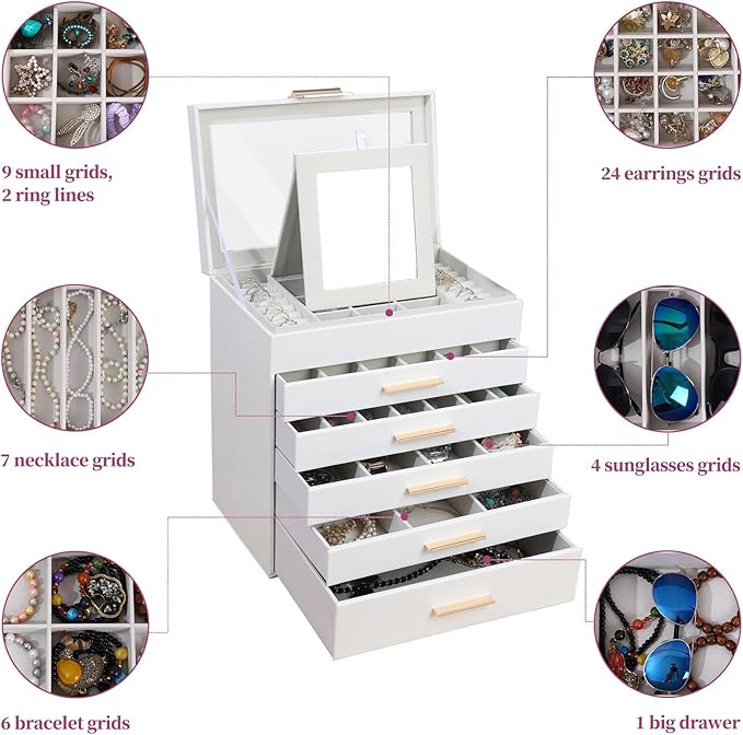BOOVO Jewelry Boxes for Women, White and Black 6 Layer Large Jewelry Box for Necklace, Bracelet, Earrings, Rings Storage, Jew