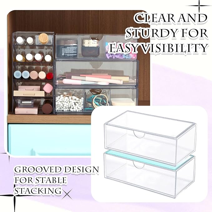 Kathfly 6 Pcs Medicine Cabinet Organizer Acrylic Stackable Clear Makeup Organizer with 2 Drawer 1 Storage Box 2 U Movable Par