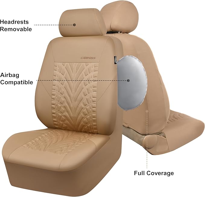 CAR PASS Car Seat Covers Two Front Only for Car, 3D Tyre Print Automotive Interior Covers, Airbag Compatible, Quick Setup Uni