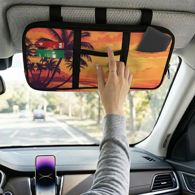 Sunset Palm Trees Car Sun Visor Organizer Fashion Car Sun Visor Storage Bag with Multi-Pocket Easy to Store Fits for Cars SUV Keep Tidy