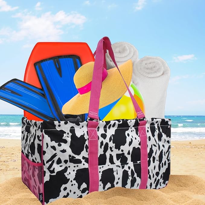 NGIL Extra Large Utility Tote Reusable Grocery Bag Oversized Collapsible for Groceries, Storage, Picnic, Beach (Cow Splatter-HotPink)
