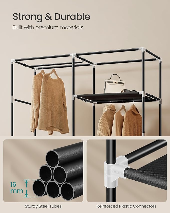 SONGMICS Portable Closet, Fabric Wardrobe, Clothes Rack with Shelves, Pockets, Large Capacity, 3 Hanging Rods, 50 x 17.7 x 70
