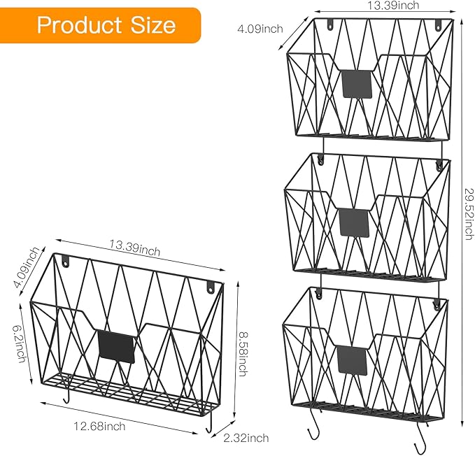 YBING Wall File Organizer Mesh Hanging Wall-mount Files Holder 6 Pack Hanging Wire Magazine Rack and Mail Holder with Hooks O