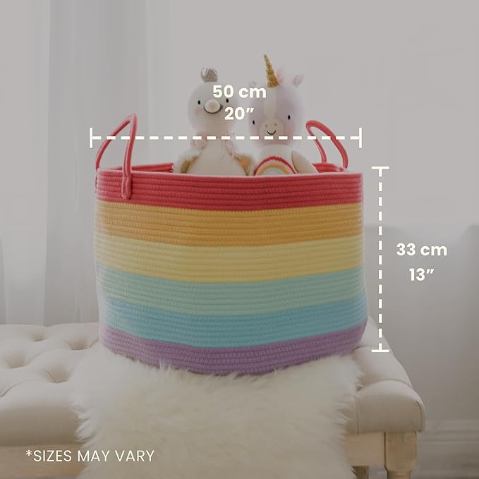 OrganiHaus Rainbow Blanket Basket for Classroom & Nursery, Extra Large Woven Laundry Basket w/Handles, Kids Toy Organizer & S