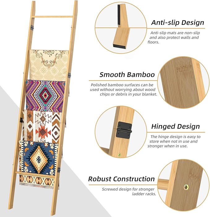 BAMBANG 6-Tier Blanket Ladder for Living Room, Blanket Quilt Ladder Rack Rustic Decorative Towel Holder, Wall Leaning Blanket