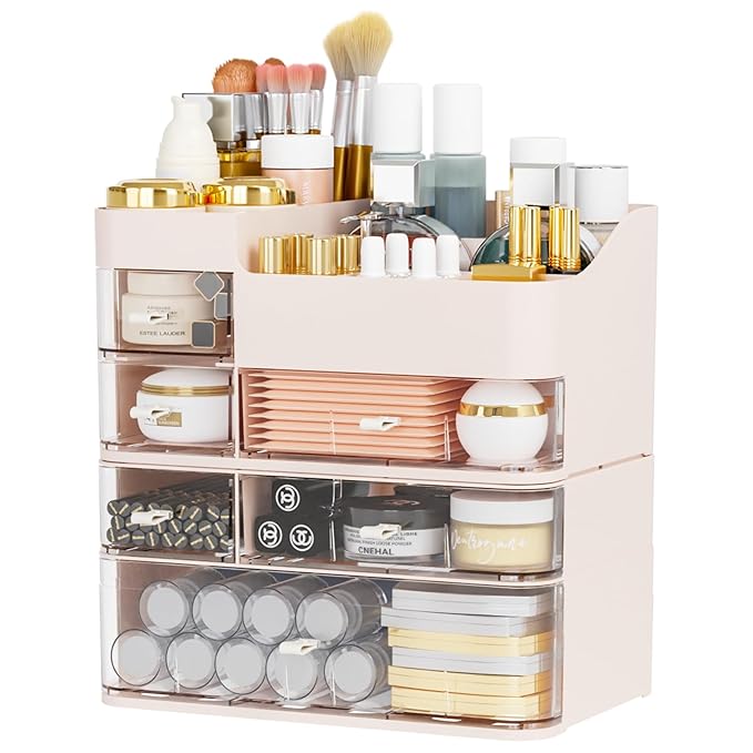 Pink Makeup Countertop Organizer,Large Capacity Make up Organizers for Vanity with 6 Drawer,Plastic Bathroom Skincare Organiz