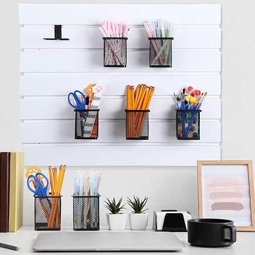 Colingmill 6 Set Slatwall Cups with Hook Black Metal Slatwall Organizer Accessories Slat Wall Basket Bin Pencil Mesh Wire Hol