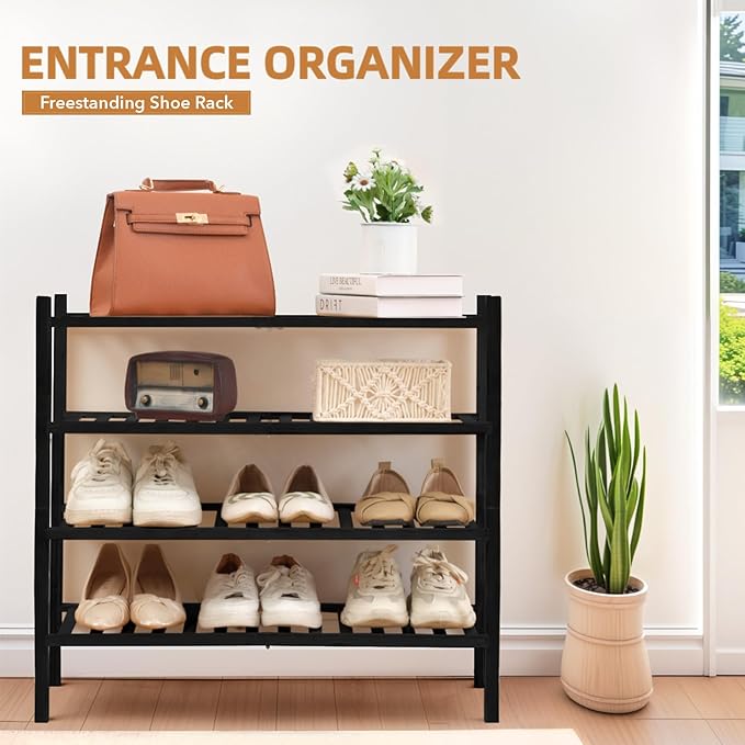 4 Tier Bamboo Shoe Rack Storage Organizer for Closet, Multifunctional Stackable Free Standing Shoe Shelf Organizer for Small 