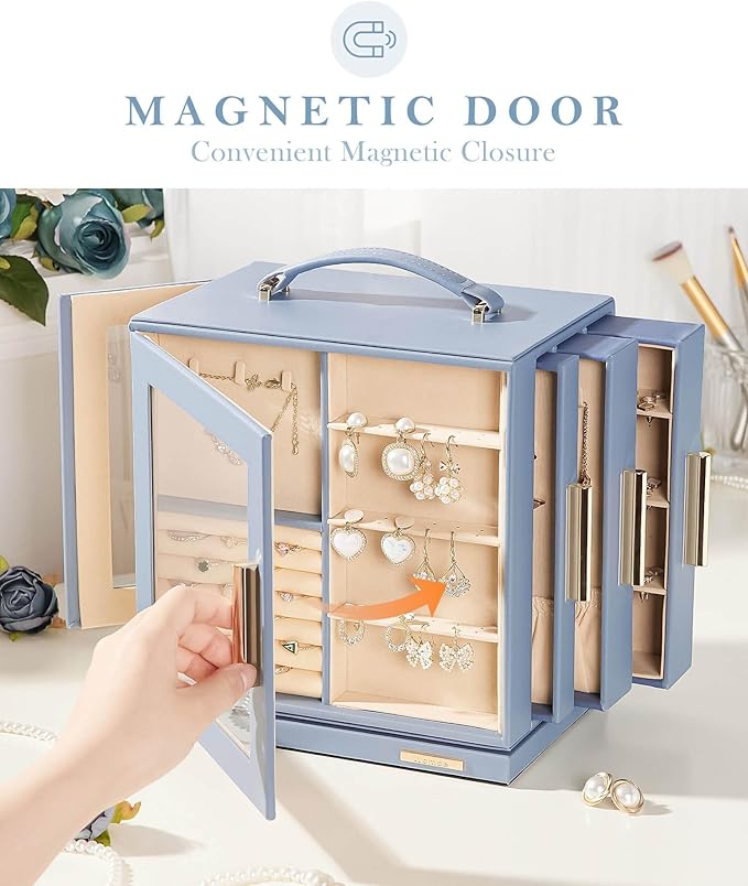 Homde Jewelry Box 360° Rotating, Necklace Earring Organizer with Transparent Window, Mirror, 7 Drawers, Large Ring Display St