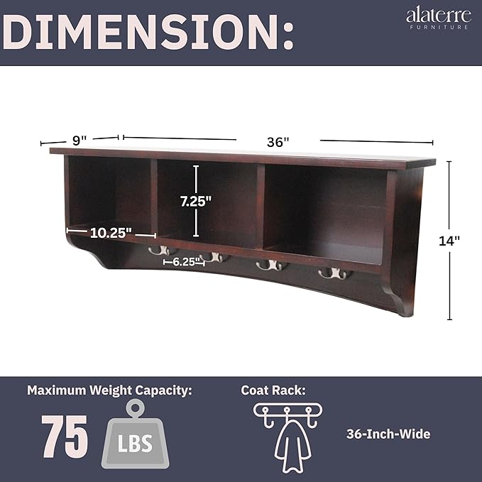 Shaker Cottage Wall-Mounted Coat Rack with 3 Storage Cubbies and 4 Hooks – Space-Saving Storage Rack and Wall Shelf Organizer