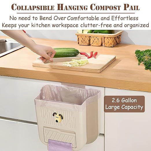 Hanging Trash Can for Kitchen Cabinet Door, 2.64 Gallon Kitchen Trash Can with Space-Saving Design, Collapsible Garbage Can for Kitchens,Cabinet Door, Bathroom, RV, Car & Camping