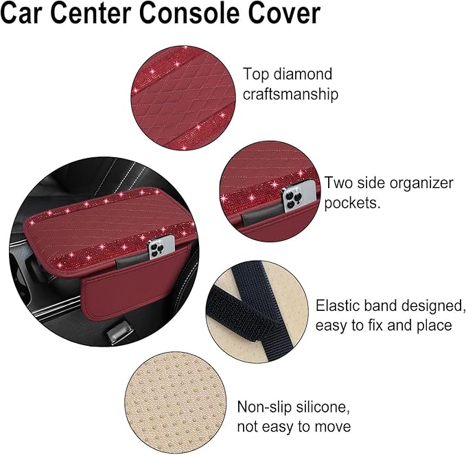 NBTEPEM Bling Burgundy Red Car Center Console Cover, Leather Car Arm Rest Cover with 2 Storage Bags, Universal Auto Armrest Protector Storage Box, Bling Accessories Interior for Most Vehicles