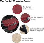 NBTEPEM Bling Burgundy Red Car Center Console Cover, Leather Car Arm Rest Cover with 2 Storage Bags, Universal Auto Armrest Protector Storage Box, Bling Accessories Interior for Most Vehicles
