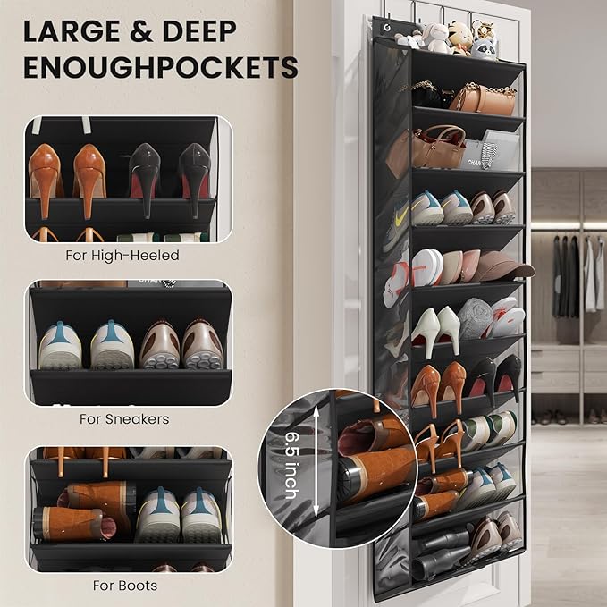 20-25 Pairs Over the Door Shoe Organizer, Clear Pockets Shoe Rack for Closet Door, 10-Tier Hanging Shoe Rack for Boots, Behin