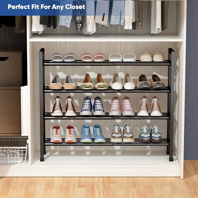 Abiglifty 5-Tier Expandable Shoe Rack,17"-33" Adjustable Shoe Rack for Closet,Metal Shoes Shelves for Front Door Entrance, Ga