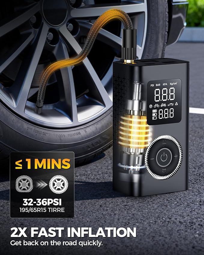 Tire Inflator Portable Air Compressor with Type-C Charging, Digital Pressure Gauge, LED Light, Smart Air Pump for Car, Motorcycle, Bike, Ball