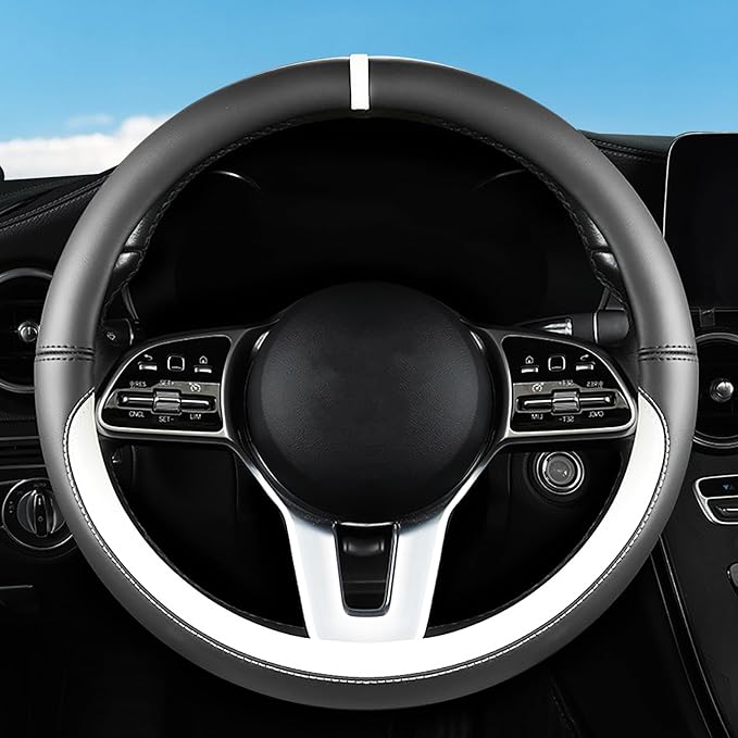 Car Leather Steering Wheel Cover - Panapi Material, Universal 14.5-15 Inch Leather Anti-Slip Breathable Auto Steering Wheel C