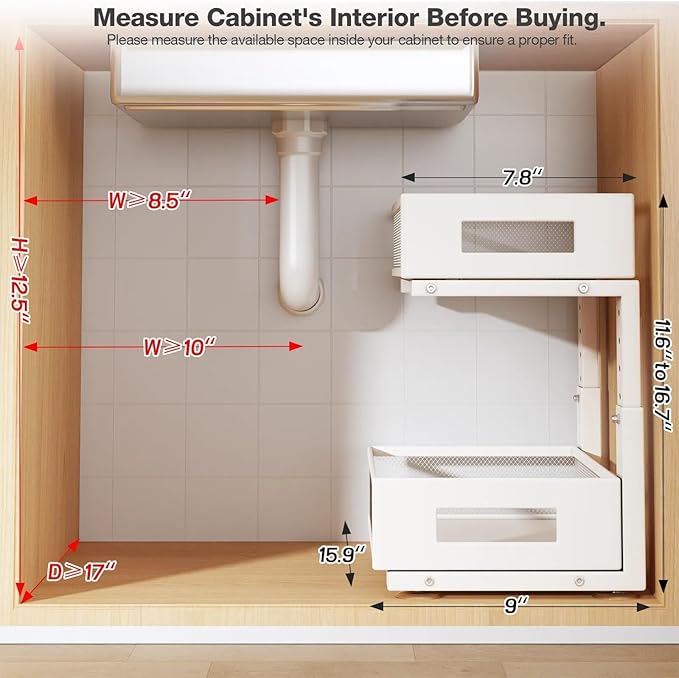 Under Sink Organizer, 2-Tier Dual Pull Out Cabinet Organizer Drawers With Smooth Circular Rail, Large Capacity Metal Mesh Sli