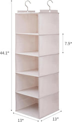 Large Hanging Sweater Organizer for Closet,Collapsible 6-Shelf Hanging Closet Shelves with Drawers, Washable (Beige -5 Shelf-