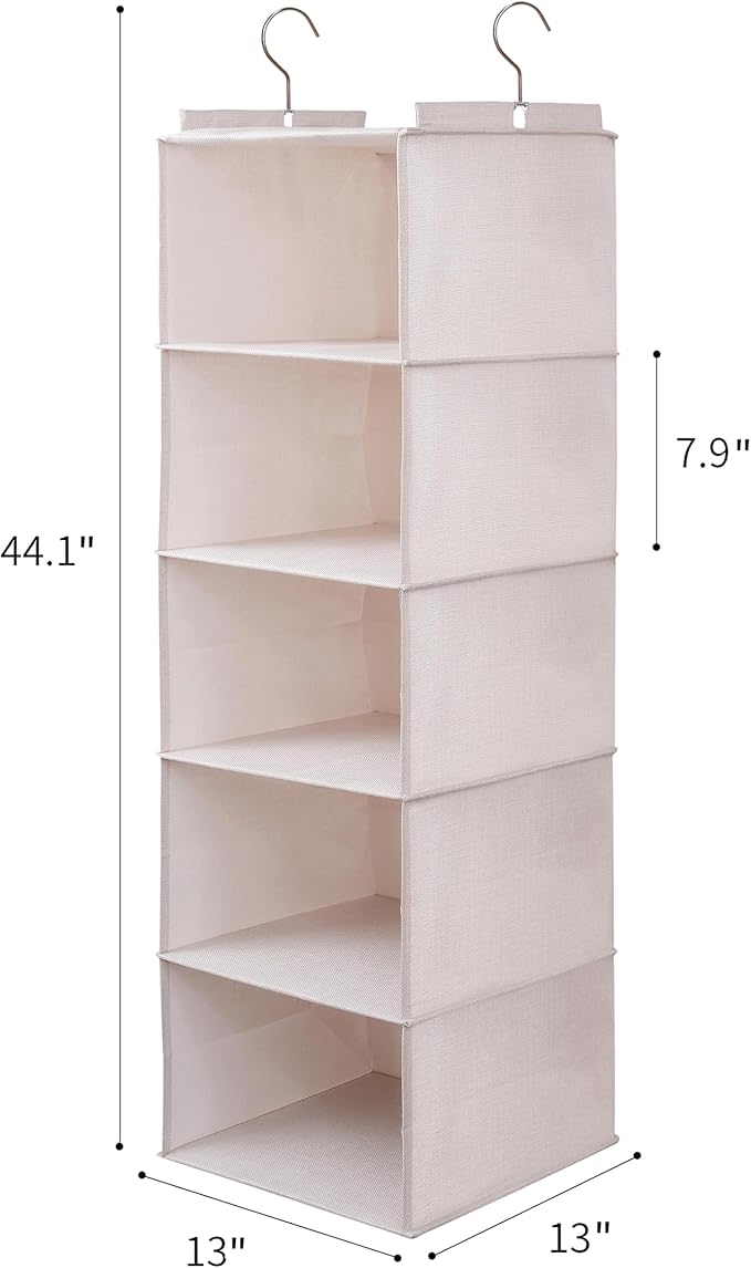 Large Hanging Sweater Organizer for Closet,Collapsible 6-Shelf Hanging Closet Shelves with Drawers, Washable (Beige -5 Shelf-