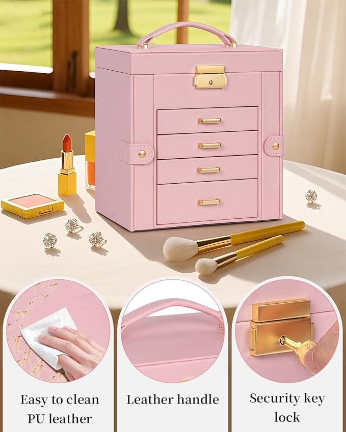 TORIBIO Jewelry Box for Women, Leather Jewelry Organizer with Mirror & Lock, 5-Tier Jewelry Storage Organizer with 4 Drawers 