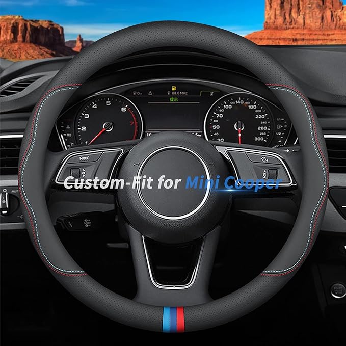Custom-Fit for Mini Steering Wheel Cover, Premium Leather Car Steering Wheel Cover with Logo, Non-Slip, Breathable, for Mini Accessories (C-Style,for Mini Cooper)
