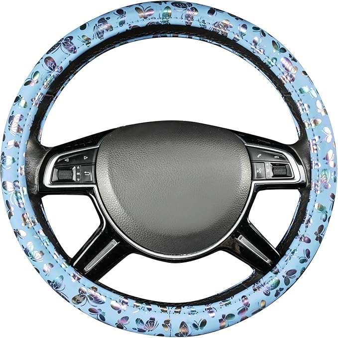 CAR-GRAND Shining Butterfly Leather Steering Wheel Cover, Universal 14.5-15 Inch Anti-Slip Odorless Colorful Car Wheel Protec
