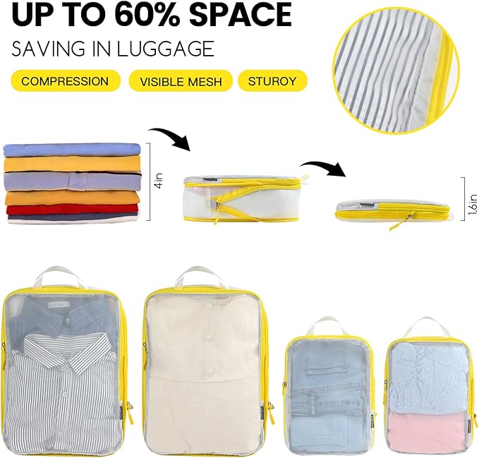 PFEYRPK Lightweight Compression Packing Cubes for Suitcases, Compressible Expandable Travel Packing Organizer with Clear Toil
