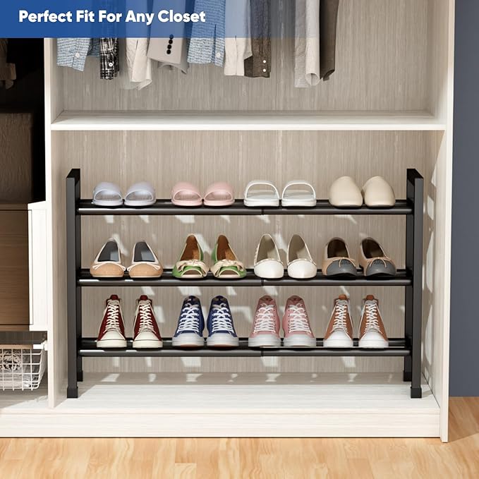 Abiglifty 3-Tier Expandable Shoe Rack,17"-33" Adjustable Shoe Rack for Closet,Metal Shoes Shelves for Front Door Entrance, Ga