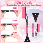 Lasnten 24'' Snow Brush and Ice Scraper for Car Windshield, 2 in 1 Detachable Snow Scraper with Soft Grip Handle and Additional Handhold, Multi-functional Removal Tool for Car, Truck, SUV, Pink