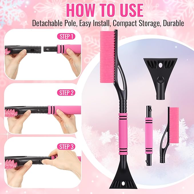 Lasnten 24'' Snow Brush and Ice Scraper for Car Windshield, 2 in 1 Detachable Snow Scraper with Soft Grip Handle and Additional Handhold, Multi-functional Removal Tool for Car, Truck, SUV, Pink