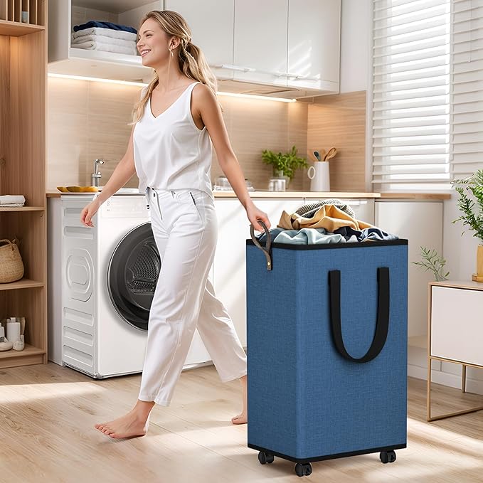 SpaceTrove Laundry Basket with Wheels, Collapsible Laundry Baskets, Laundry Hamper with Handles Detachable Wheels, Rolling La