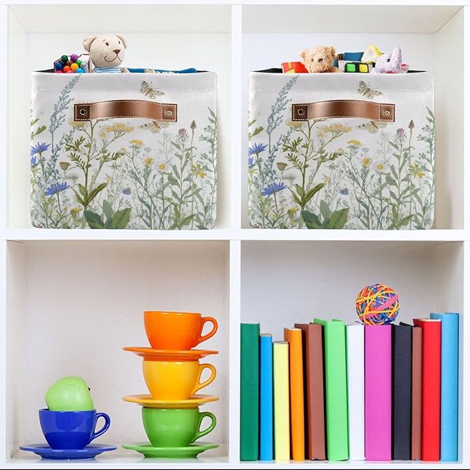 xigua Vintage Colorful Herbs Wild Flowers Floral Storage Basket Collapsible Toy Storage Bins Waterproof Canvas Storage Basket