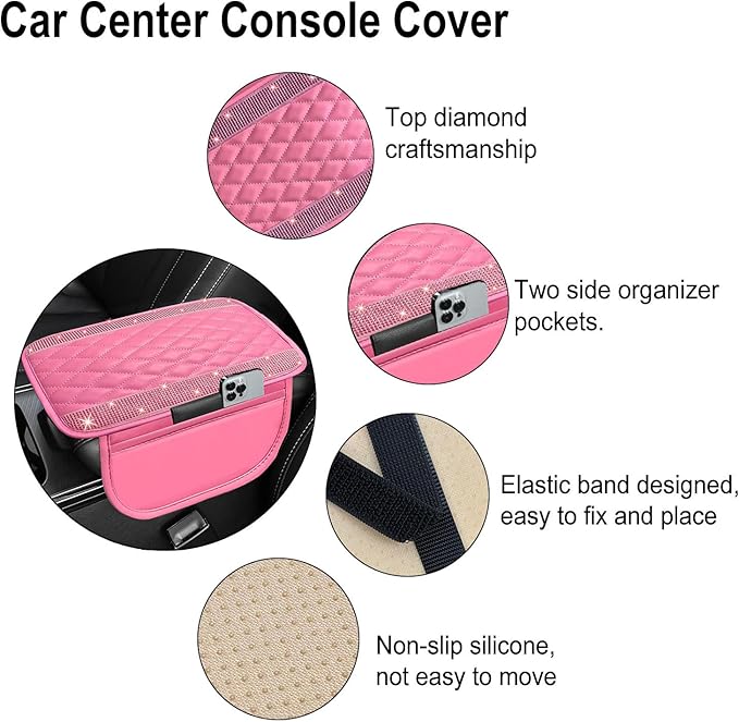 NBTEPEM Bling Pink Car Center Console Cover, Leather Car Arm Rest Cover with 2 Storage Bags, Universal Auto Armrest Protector Storage Box, Pink Bling Accessories Interior for Most Vehicles