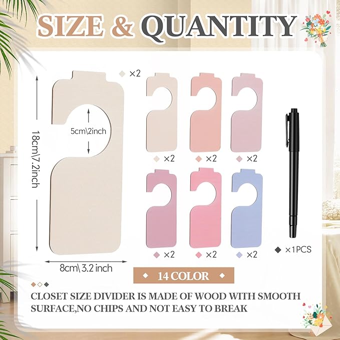 Patelai 14 Pcs Blank Wooden Clothing Rack Divider with Marker Pen Closet Blank Organizers Hanger Separators Hanging Closet Di