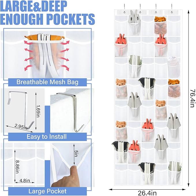 Windyun 40 Over the Door Shoe Organizer Large Breathable Mesh Pocket Clear White Hanging Shoe Rack for Closet Behind Door Han