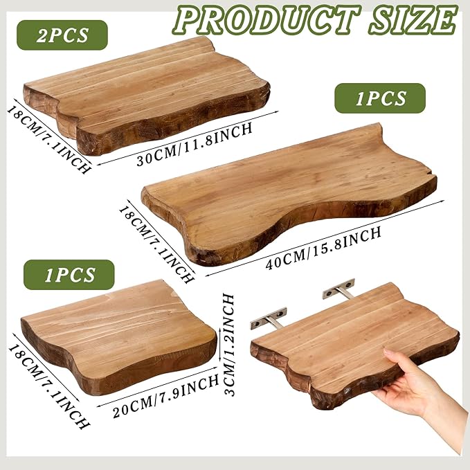 Pinkunn 4 Pcs Floating Shelves for Wall Wooden Live Edge Shelf Wall-Mounted Natural Solid Wood Bedroom Kitchen Storage Living