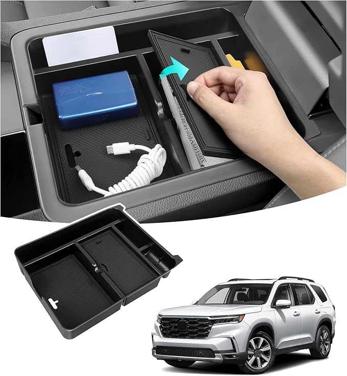 Center Console Hidden Box Organizer Compatible with Honda 2023-2025 2026 Pilot & 2024-2026 Passport & 2024 2025 Ridgeline Interior Accessories Insert Armrest Hidden Organizer Tray