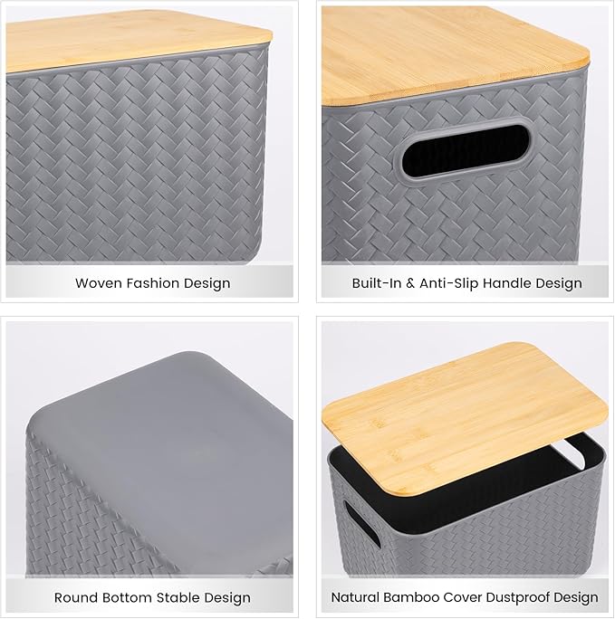 Ohmlove 4 Packs Storage Bins with Bamboo Lids - Plastic Storage Containers with Lids Stackable Storage Box：Storage Baskets fo