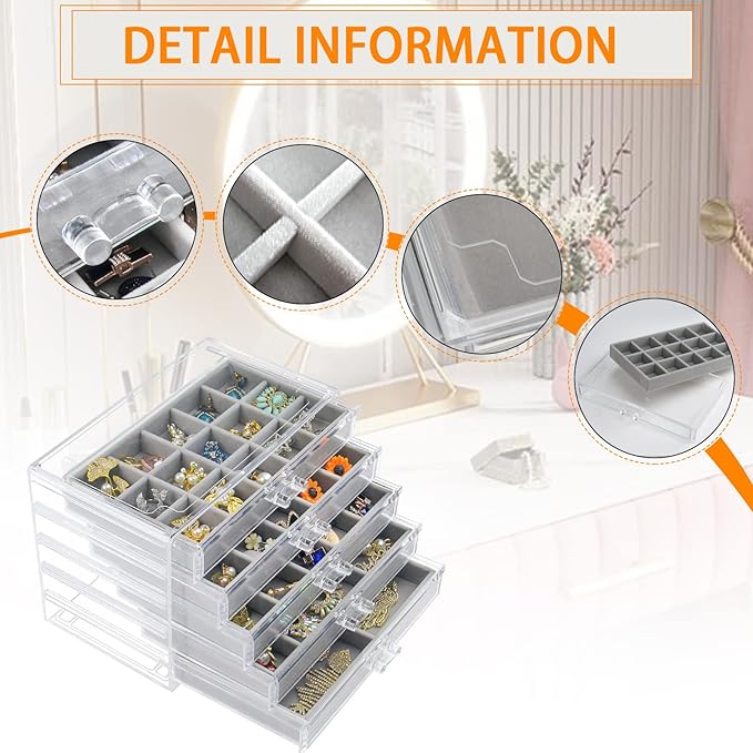 Watpot Acrylic Jewelry Box with 5 Drawers, Clear Earring Storage Organizer Display Case for Women Girls, Gray