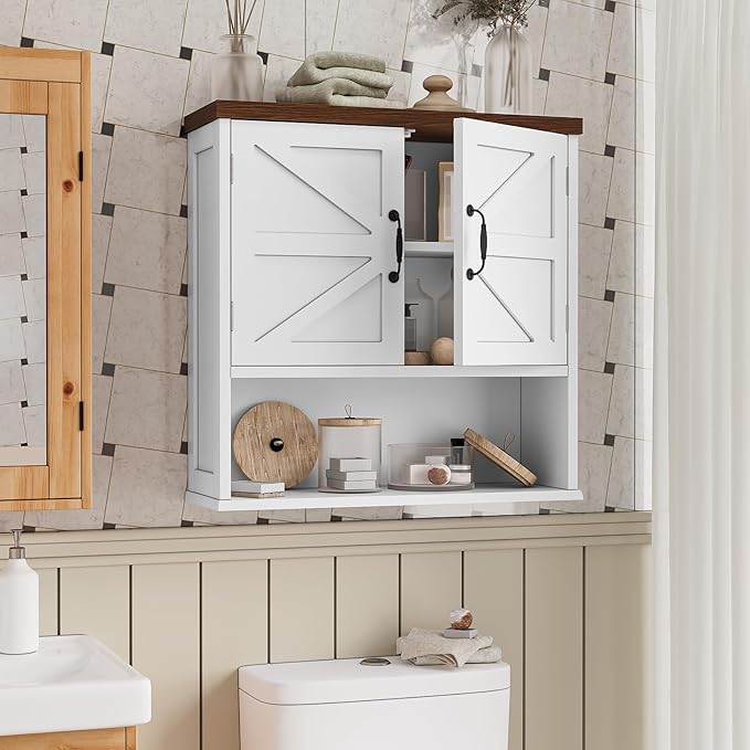 Bathroom Wall Cabinet with Barn Doors, Wall Mounted Bathroom Cabinet, Farmhouse Style, Adjustable Shelf, Wall Mounted Medicin