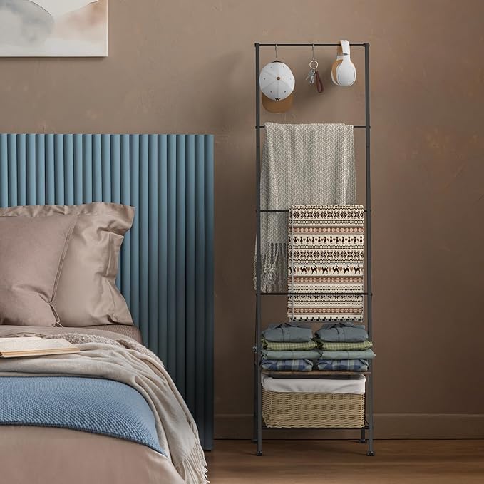 Blanket Ladder Towel Rack with Storage Shelf and Hooks, Decorative Scarf Rack, Throw Blanket Holder Ladder Shelves for Bathro