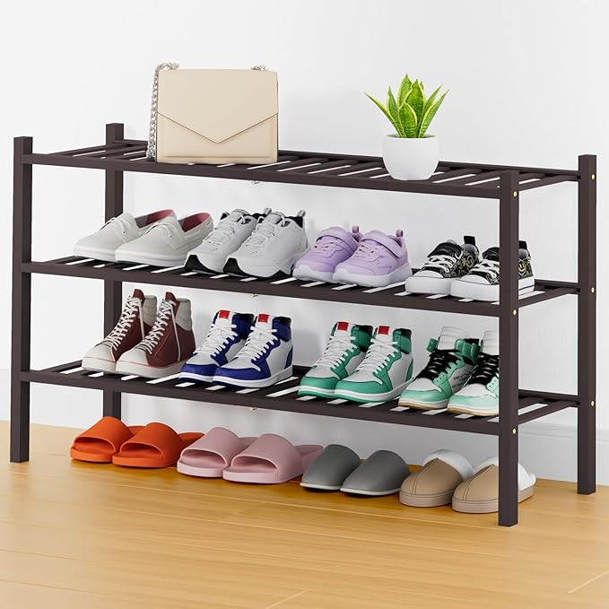 Smiry Shoe Rack, 3 Tier Thick Long Bamboo Shoe Organizer, Stackable Free Standing Wooden Shoe Storage Shelf for Closet, Entry