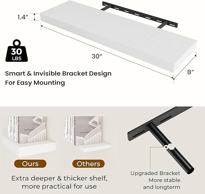 Dreamland 30 Inch Long Floating Shelves in White,8 Inch Deep Floating Shelf for Wall,Large Display & Storage Shelf, Wall Shel