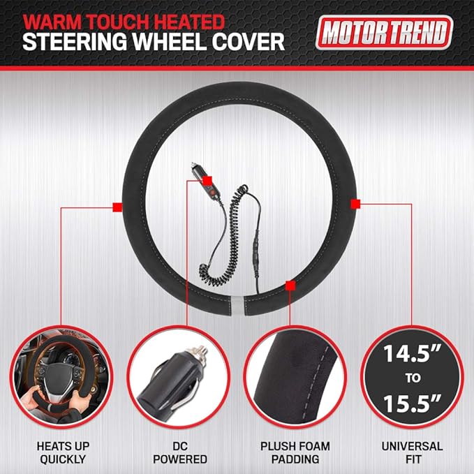Motor Trend WarmGrip Heated Steering Wheel Cover – Hand Warming Steering Wheel Protector, Heats up Quickly - Fits Wheels 14.5-15.5" for Car Truck Van SUV (Black/Gray Color)