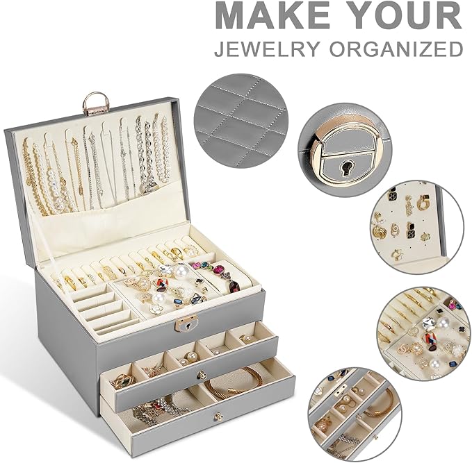 GUOER Jewelry Box for Women Girl Wife 3 Layers Large PU Leather Jewelry Organizer Storage Case with Two drawers Display for E