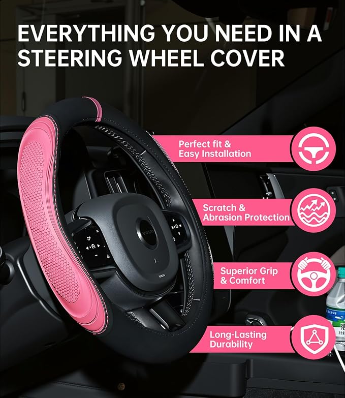XCBYT Steering Wheel Cover - Pink Leather Steering Wheel Wrap Great Grip with 3D Honeycomb Quick and Effortless Installation 