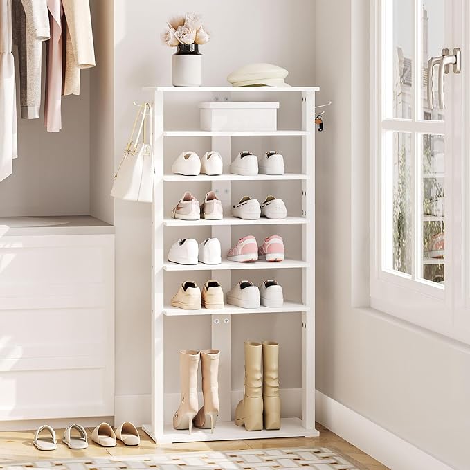HOOBRO Vertical Shoe Rack, 8 Tier Wooden Shoe Storage Organizer with Hooks, Narrow Shoe Tower for 16 Pairs, Space Saving, for